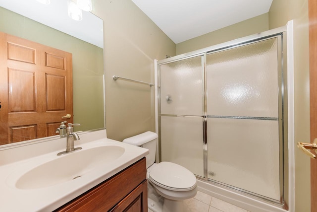 full bath featuring vanity, toilet, a shower stall, and tile patterned flooring