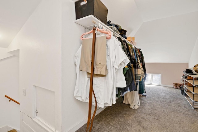 spacious closet featuring carpet flooring and vaulted ceiling