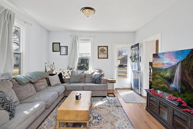 living area with light wood-style floors and a textured ceiling