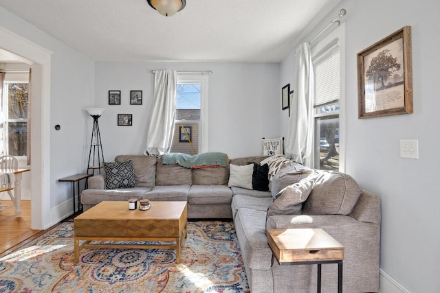 living room with baseboards, a textured ceiling, and wood finished floors