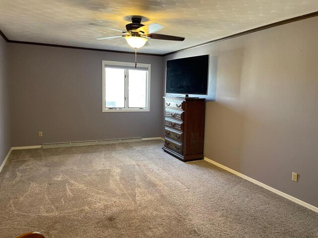 unfurnished bedroom featuring light colored carpet, a baseboard heating unit, and ornamental molding