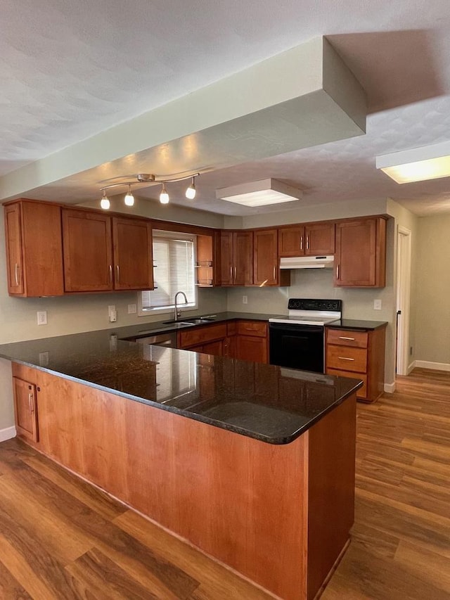 kitchen with under cabinet range hood, brown cabinets, a peninsula, electric stove, and wood finished floors