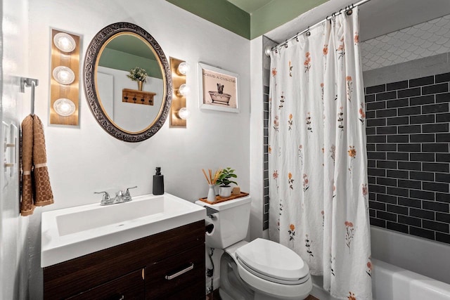 bathroom featuring toilet, shower / bath combo, and vanity