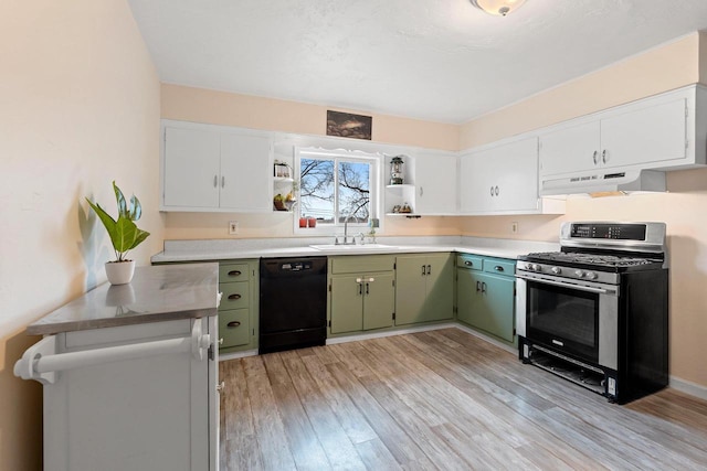 kitchen with open shelves, a sink, black dishwasher, under cabinet range hood, and stainless steel gas range oven