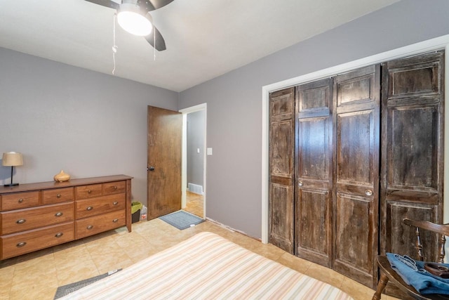 bedroom featuring visible vents and ceiling fan