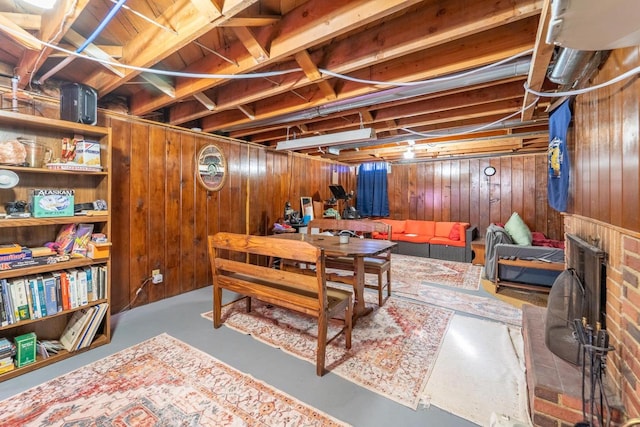 finished basement with wooden walls