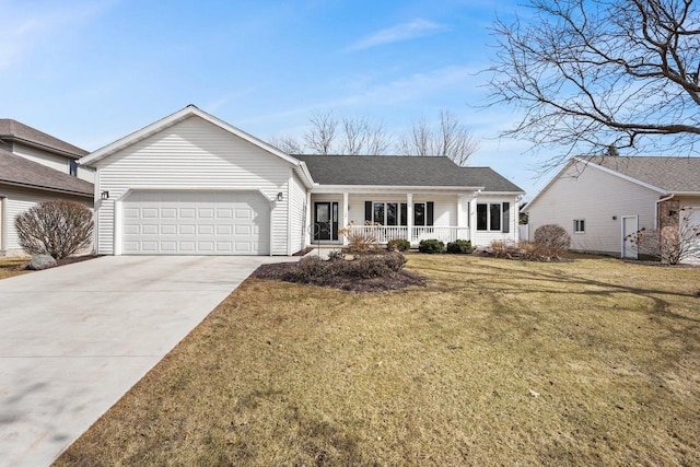 ranch-style house with roof with shingles, covered porch, concrete driveway, a front yard, and a garage