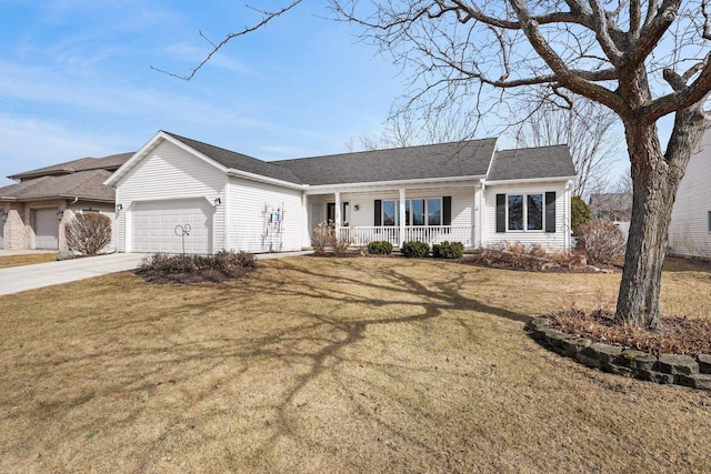 single story home with a garage, a front yard, covered porch, and driveway