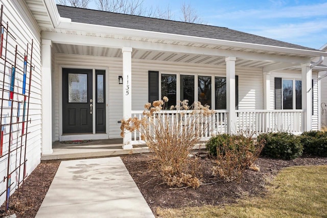 view of exterior entry featuring covered porch and roof with shingles