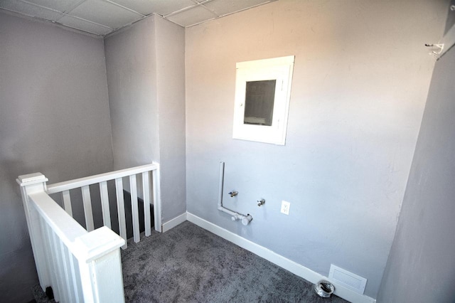 laundry room featuring visible vents, baseboards, hookup for a gas dryer, and carpet flooring