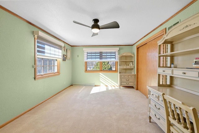 interior space featuring light carpet, ceiling fan, crown molding, and baseboards