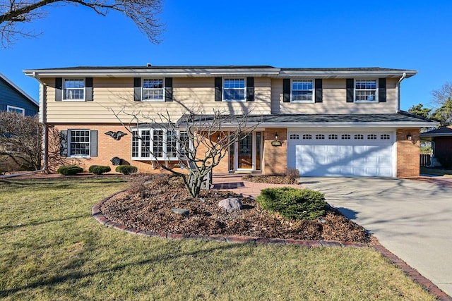 view of front of property with a front lawn, brick siding, an attached garage, and driveway