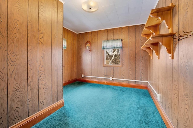 carpeted empty room featuring baseboards and wood walls