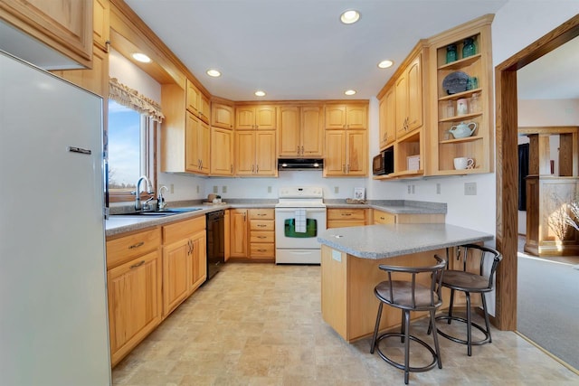 kitchen featuring a peninsula, open shelves, a sink, black appliances, and under cabinet range hood