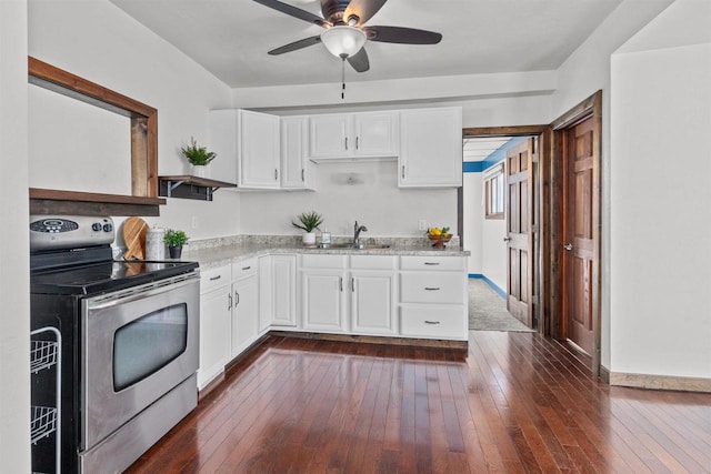 kitchen featuring a sink, open shelves, stainless steel electric range, white cabinetry, and dark wood-style flooring