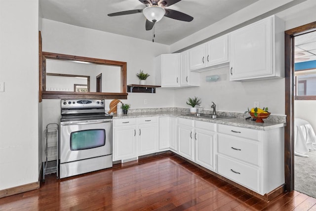 kitchen featuring stainless steel electric range oven, dark wood finished floors, open shelves, a sink, and white cabinetry