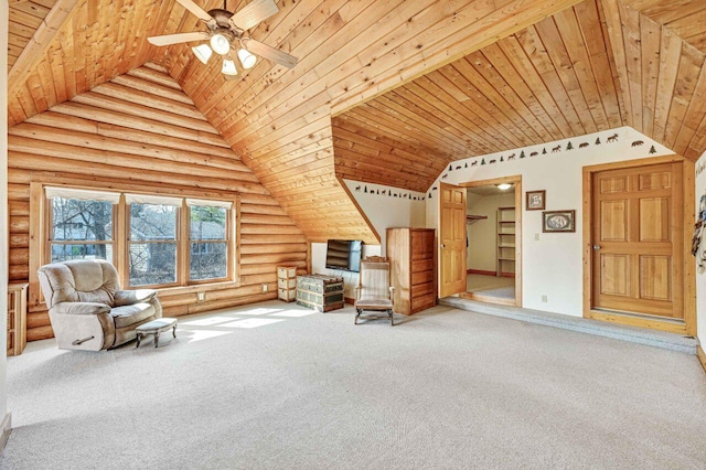 unfurnished room featuring high vaulted ceiling, carpet, log walls, wood ceiling, and ceiling fan