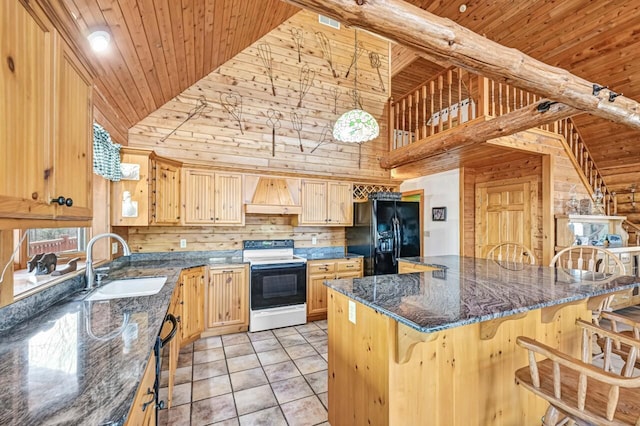 kitchen with a sink, black appliances, wooden ceiling, and premium range hood