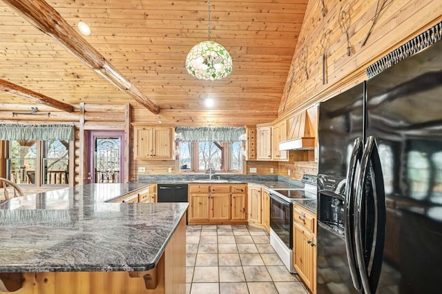 kitchen with light tile patterned floors, light brown cabinetry, a sink, black appliances, and wooden ceiling