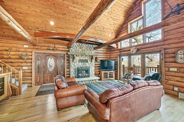 living area with wood-type flooring, high vaulted ceiling, wood ceiling, and plenty of natural light