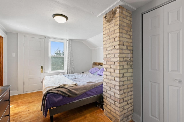 bedroom with lofted ceiling and light wood finished floors