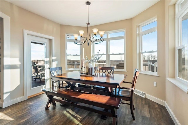 dining area featuring dark wood finished floors, plenty of natural light, baseboards, and visible vents