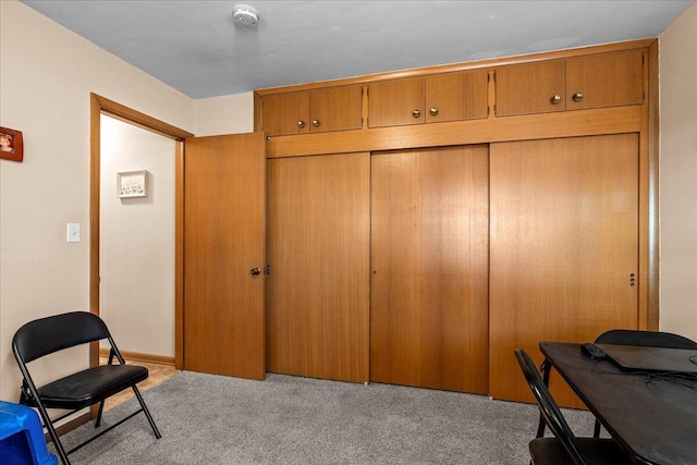 interior space with baseboards and light carpet