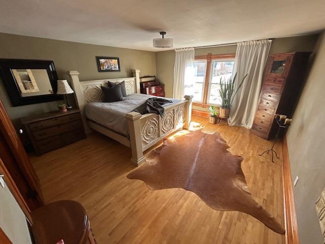 bedroom with a ceiling fan and wood finished floors