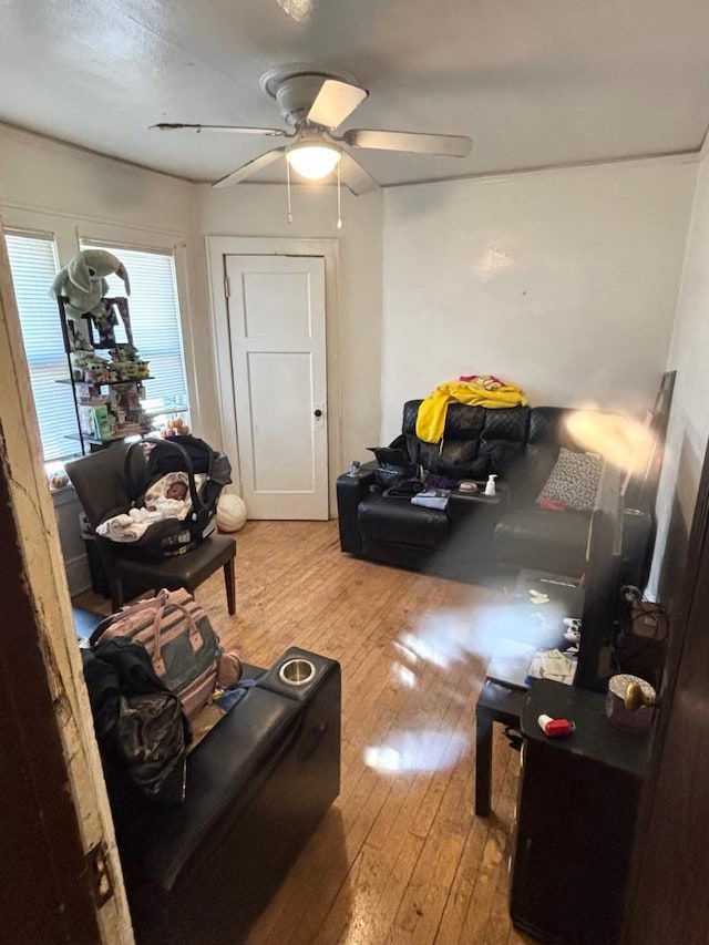 living area with ceiling fan and hardwood / wood-style floors