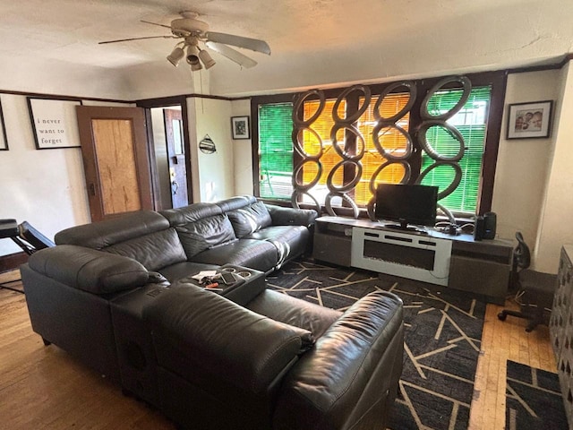 living room featuring wood finished floors and ceiling fan