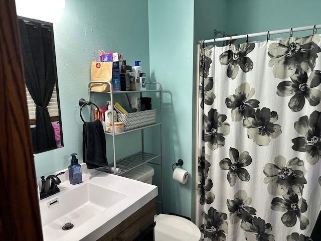 full bath featuring vanity, toilet, and a shower with curtain