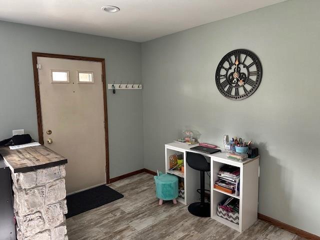 foyer with baseboards and wood finished floors