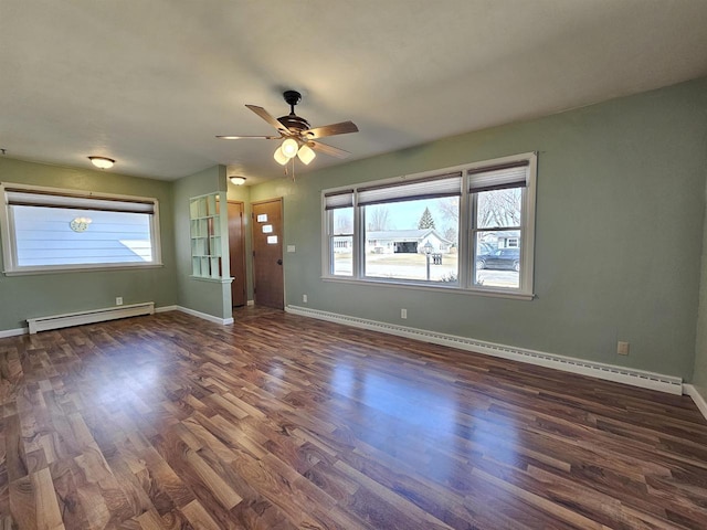 unfurnished living room with dark wood finished floors, ceiling fan, a baseboard heating unit, and baseboards