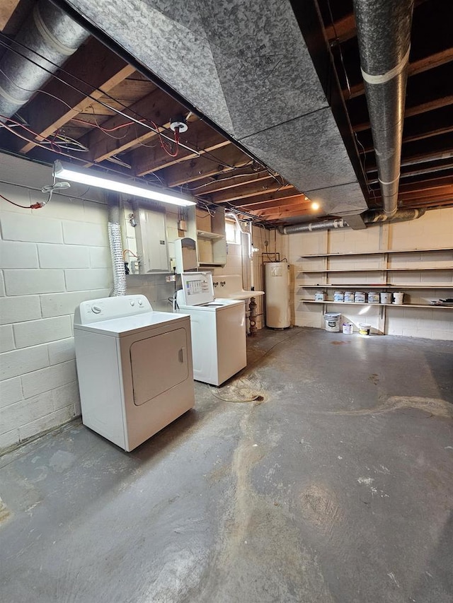 unfinished basement featuring washing machine and dryer and water heater