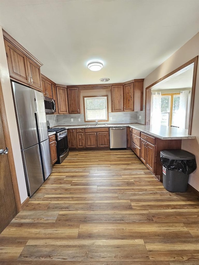 kitchen featuring light wood-style flooring, plenty of natural light, a sink, stainless steel appliances, and light countertops