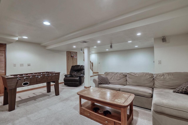 living area with recessed lighting, visible vents, light colored carpet, and stairway