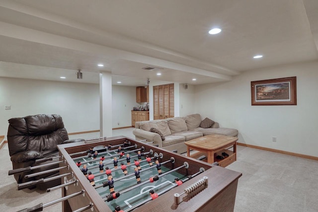 game room featuring light carpet, visible vents, recessed lighting, and baseboards