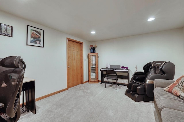 interior space with recessed lighting, baseboards, and carpet floors