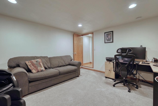 carpeted home office with recessed lighting and baseboards