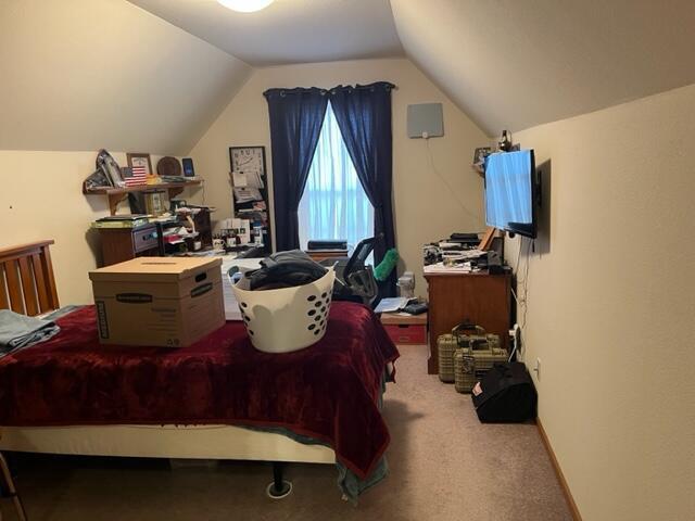 carpeted bedroom featuring baseboards and vaulted ceiling