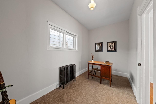 office area with radiator heating unit, baseboards, and light carpet