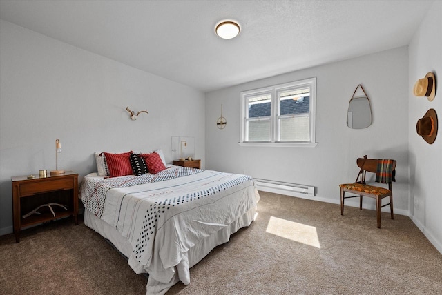 carpeted bedroom with baseboards and a baseboard radiator