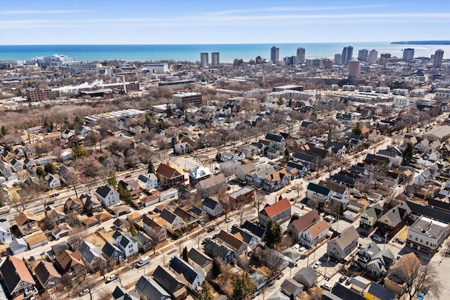 bird's eye view with a city view and a water view