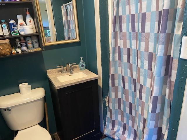 full bathroom with curtained shower, toilet, and vanity