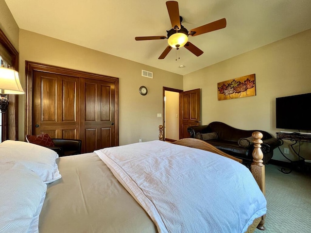 bedroom featuring carpet flooring and ceiling fan