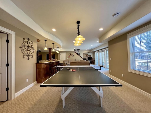 playroom featuring recessed lighting, visible vents, baseboards, and light carpet