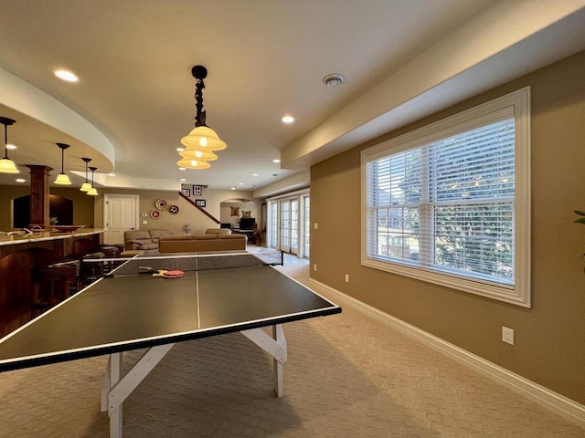 playroom featuring recessed lighting, visible vents, baseboards, and carpet flooring