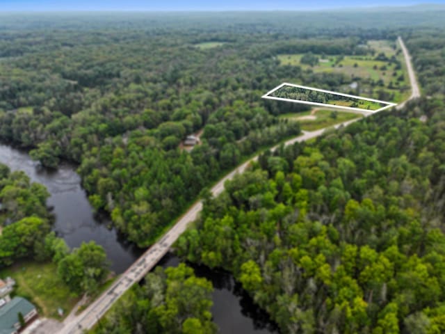 birds eye view of property featuring a view of trees and a water view