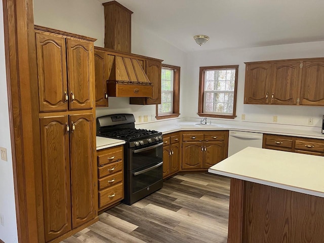 kitchen with a sink, double oven range, wood finished floors, lofted ceiling, and dishwasher