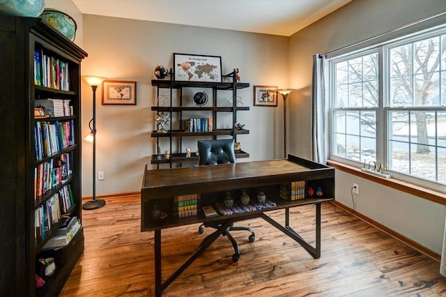 office space featuring baseboards and wood finished floors